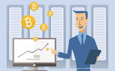 Mining bitcoin concept. Young man standing at the computer in the server room. Cryptocurrency mining farm. Vector cartoon illustration.