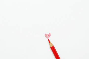 Hand Drawn Doodle Red Heart Photograph of Pencil on White Background. Valentine Mother's Day Kids Charity Romantic Love Concept. Creative Greeting Card Banner Poster with Copy Space