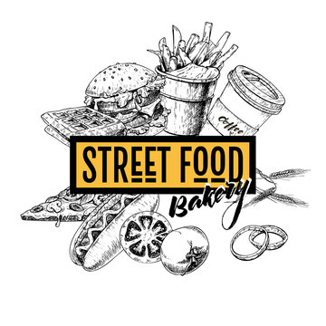 Hand drawn fast food banner. Street food bakery. Burger, hot dog, french fries, pizza, coffee and waffels. engraved vector illustration. restaurant, menu, street food, bakery, cafe, logo, flyer