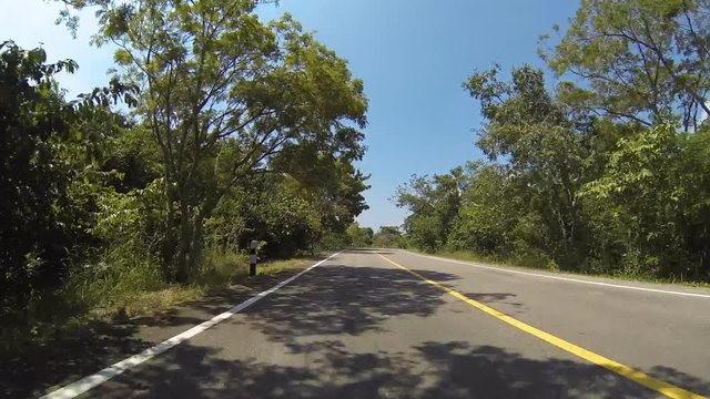 Driving  car on a asphalt road, point of view front, real time. create by gopro.