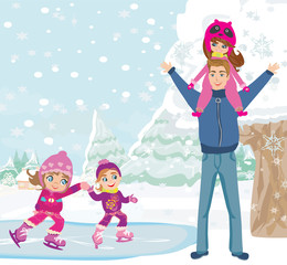 Little girls skating on ice rink