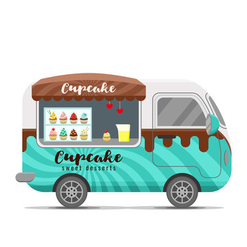 Cupcake street food caravan trailer. Colorful vector illustration, cute style, isolated on white background