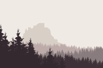 Vector illustration of a landscape with a forest and a ruin