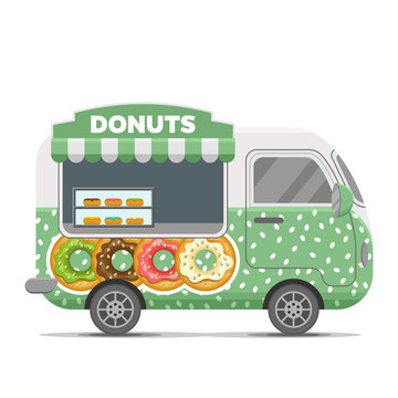 Donat street food caravan trailer. Colorful vector illustration, cute style, isolated on white background