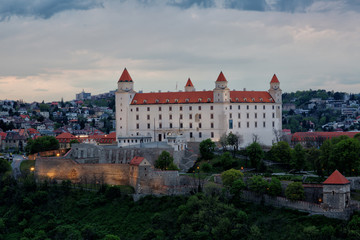 Fototapeta na wymiar Medieval castle on a hill in Bratislava in sunset, Slovakia