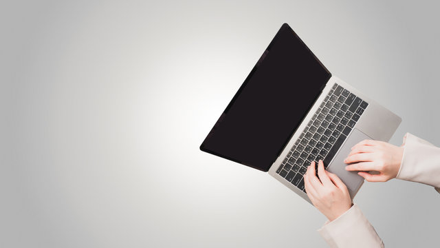 Flat Lay Minimal Concept With Business Woman Hand In Vintage Pink Suit And Use Her Laptop And Smart Phone With Isolated White Background