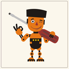 Orange robot with large screwdriver on her shoulder for decoration of service. Robot in cartoon style shows 