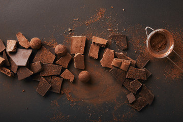 top view of arrangement of various types of chocolate, truffles and sieve with cocoa powder