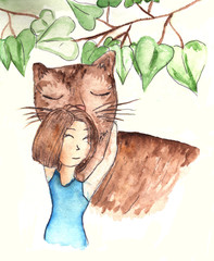 Watercolor illustration of a little girl and a large cat.