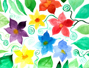 Abstract watercolor paper background with colorful flowers.