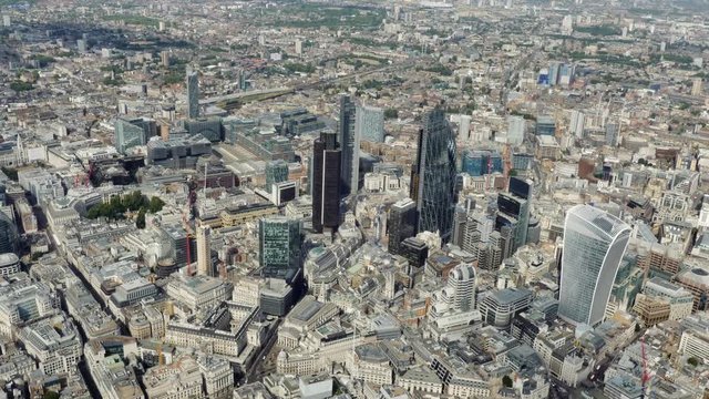 London,England,UK &ndash; July 2015 : Aerial shot of central London with view of The Gherkin, The Leadenhall Building and Regus buildings