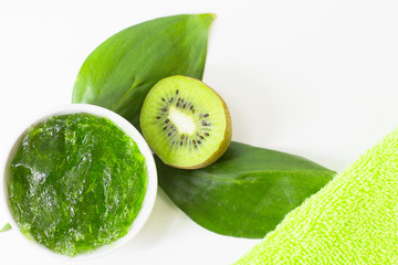 Spa, Aromatherapy, Natural Cosmetic concept with soap and fresh kiwi mock up, white background, top view