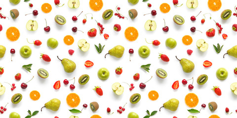 Food texture. Seamless pattern of fresh  various fruits. Pears, apples, slices of tangerines, kiwi, berries isolated on white background, top view, flat layout.