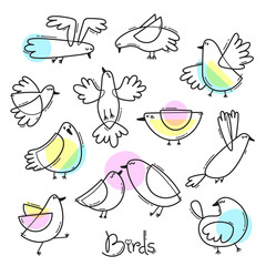 Set variety of abstract birds. Simple line design. Vector illustration