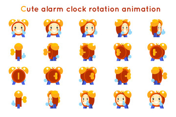 Cute alarm clock child ticker kid character icons rotation animation symbols frames set isolated flat design vector illustration