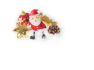 Santa claus doll and Red balls, Gold decoration christmas  in the snow. Copy and paste for background, Concept decoration of christmas