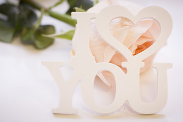 Fototapeta premium St. Valentine's Day concept with a beautiful white rose and I Love You inscription, close up, white background