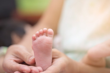 foot of the newborn in the hand of mother