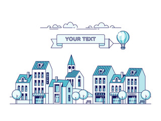 Fototapeta premium Cityscape and air balloon with message on banner. Vector illustration.