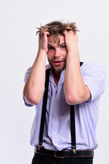 Man or student with bristle and scared face in shirt