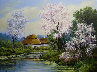 Rural oil paintings landscape. Ukrainian village, fine art. Spring
