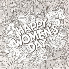 Cartoon cute doodles hand drawn Happy Womens Day inscription