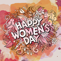 Fototapeta na wymiar Cartoon cute doodles hand drawn Happy Womens Day inscription