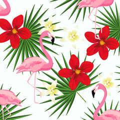  Tropical background with flamingos and tropical leaves. Summer vector illustration design. Flamingo background. Exotic background poster