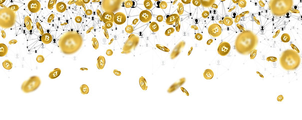 Banner with falling gold bitcoins.