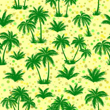 Exotic Seamless Pattern, Tropical Landscape, Palms Trees Green Silhouettes on Abstract Tile Background. Vector