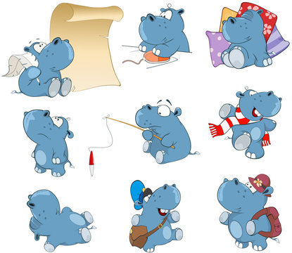 Set of  Cartoon Illustration. Cute Hippo for you Design