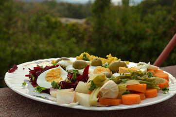 Plate with fresh Mediterranean salad with summer vegetables and eggs