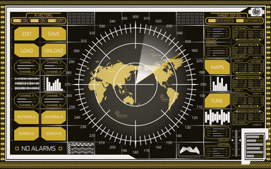 Digital radar screen with world map, targets and futuristic user interface of white and yellow shades