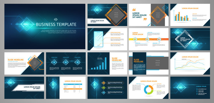 Vector business template set. Blue abstract banner, presentation with infographics, chart, diagram layout. Corporate annual report, advertising, marketing background. Brochure, flyer leaflet cover.