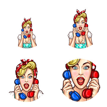 Vector pop art icons set for social net profile avatars, woman speaking on two phone handset receivers. Girl in retro headscarf chatting or gossiping surprised with open mouth. isolated