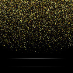 Gold glitter background with sparkle shine light confetti. Vector glittering black background. Golden shimmer texture