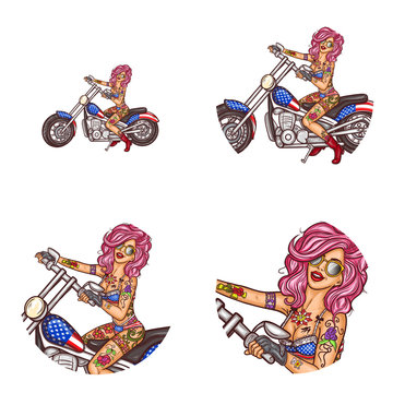 Set of vector pop art round avatar icons for users of social networking, blogs, profile icons. Pink hair biker sexy girl with tattoo in bikini, sunglases on custom motorcycle. Isolated illustration.