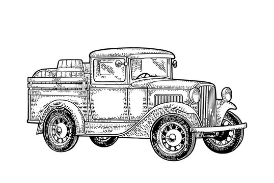 Retro pickup truck with wood barrel. Side view. Vintage black engraving