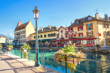 Scenic view on  Canal du Thiou in Annecy. French Alps, France