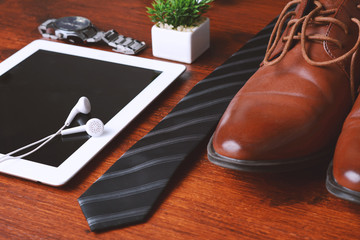 Top view of businessman objects and accessories