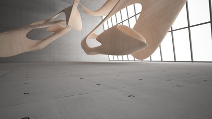 Empty dark abstract concrete and wood smooth interior. Architectural background. 3D illustration and rendering