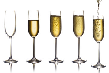  glass of champagne set, isolated white background composition for happy new year, happy birthday, valentines day and celebration
