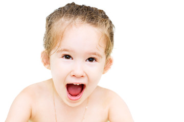 Portrait of a beautiful young caucasian emotionally little child girl on white background