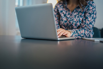 Closeup woman using laptop in office.