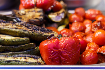 Freshly cooked grilled vegetables, tomatoes, mushrooms, eggplant, pepper ...