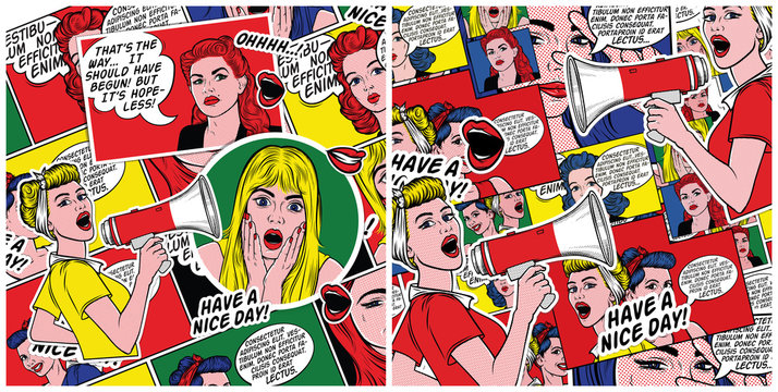 Retro comic book background. Pop art background. Pin up women with speech bubbles. 