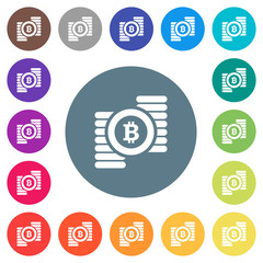 Bitcoins flat white icons on round color backgrounds