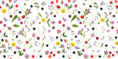 Seamless pattern from plants, wild flowers and  berries, isolated on white background, flat lay, top view. The concept of summer, spring, Mother's Day, March 8. 