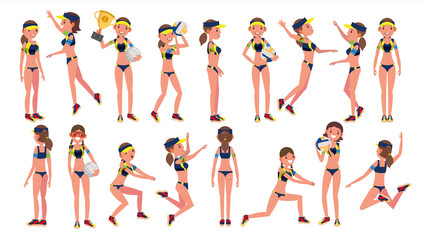 Woman Beach Volleyball Player Vector. Sporting Championship People. Different Position. Cartoon Character Illustration