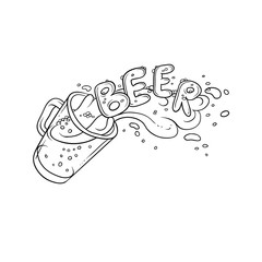 Vector black and white sketch illustration pint, tumbler of beer. Bubbles and foam pouring from mug. Drink ale in glassware. Letters form the inscription and splashing in alcoholic beverage.